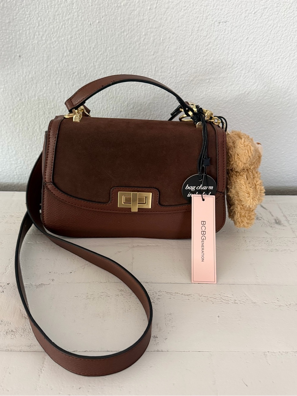 BCBGeneration Chocolate Brown Teddy Bear Charm Top Handle Crossbody Bag - Picture 4 of 14